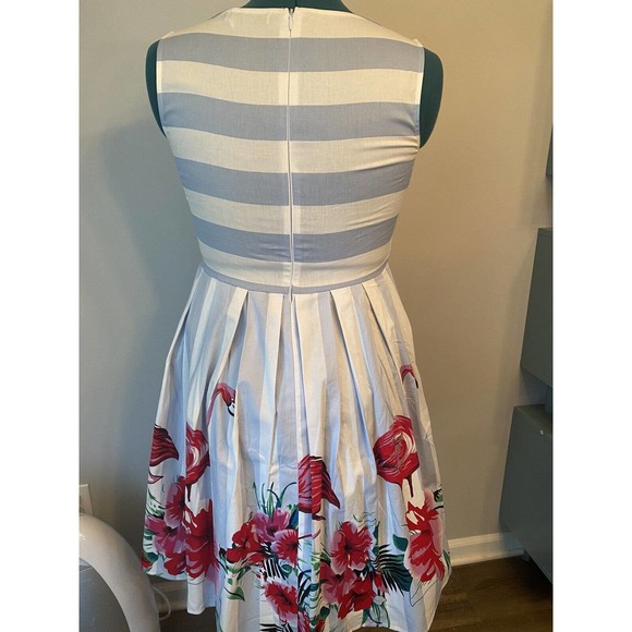 Sleeveless Pink Flamingo Blue White Stripe Fit Flair Retro Style Dress NWT Med - Picture 4 of 5